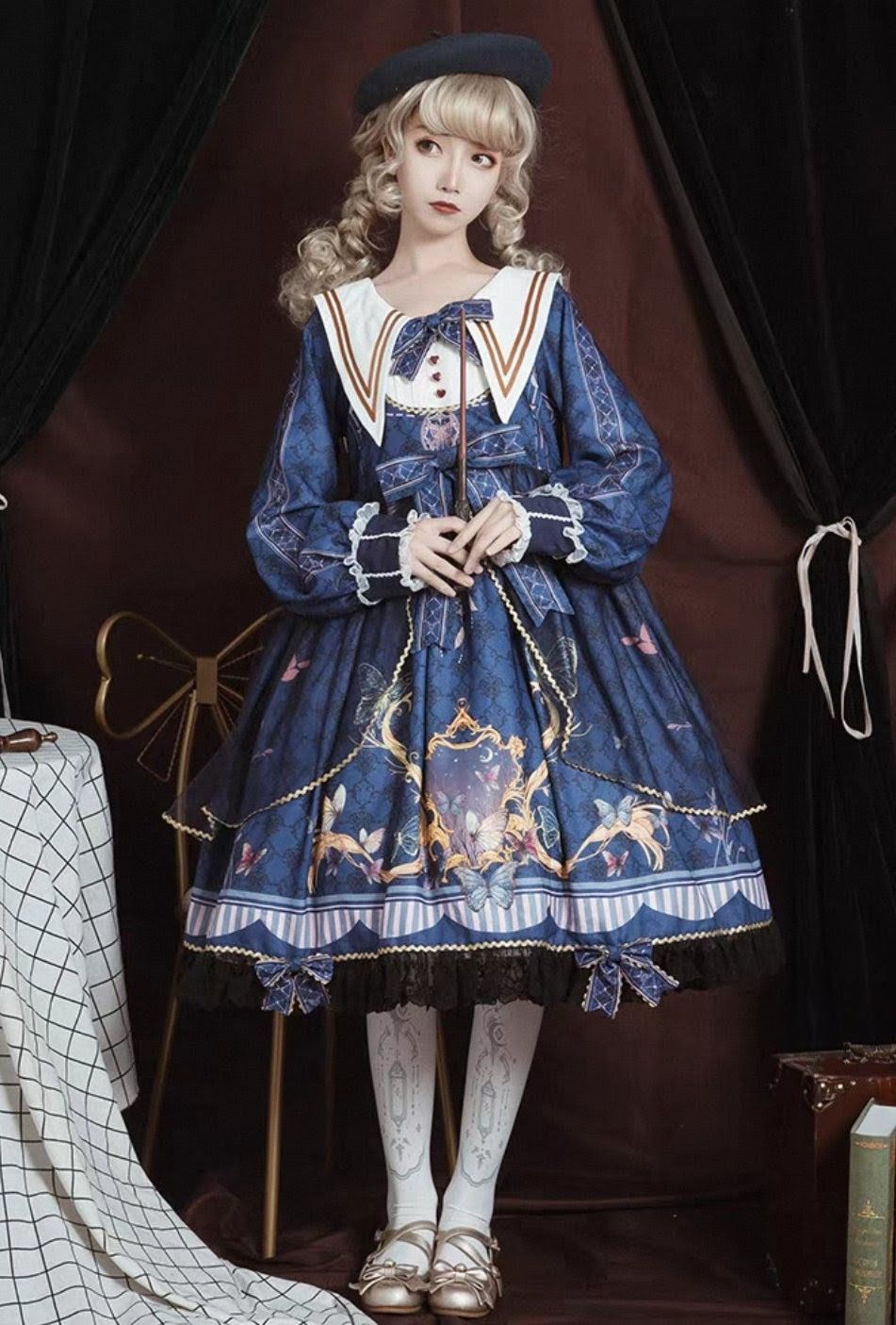 ロリータ クラシカル Lolita ワンピース 蝶柄 リボン OP マリン風 セーラーカラー 紺色 ネイビー 黒 ブラック ロングスリーブ クラシック 宮廷風 プリント ロリィタ ドレス ゆったり 大きめサイズ 界隈