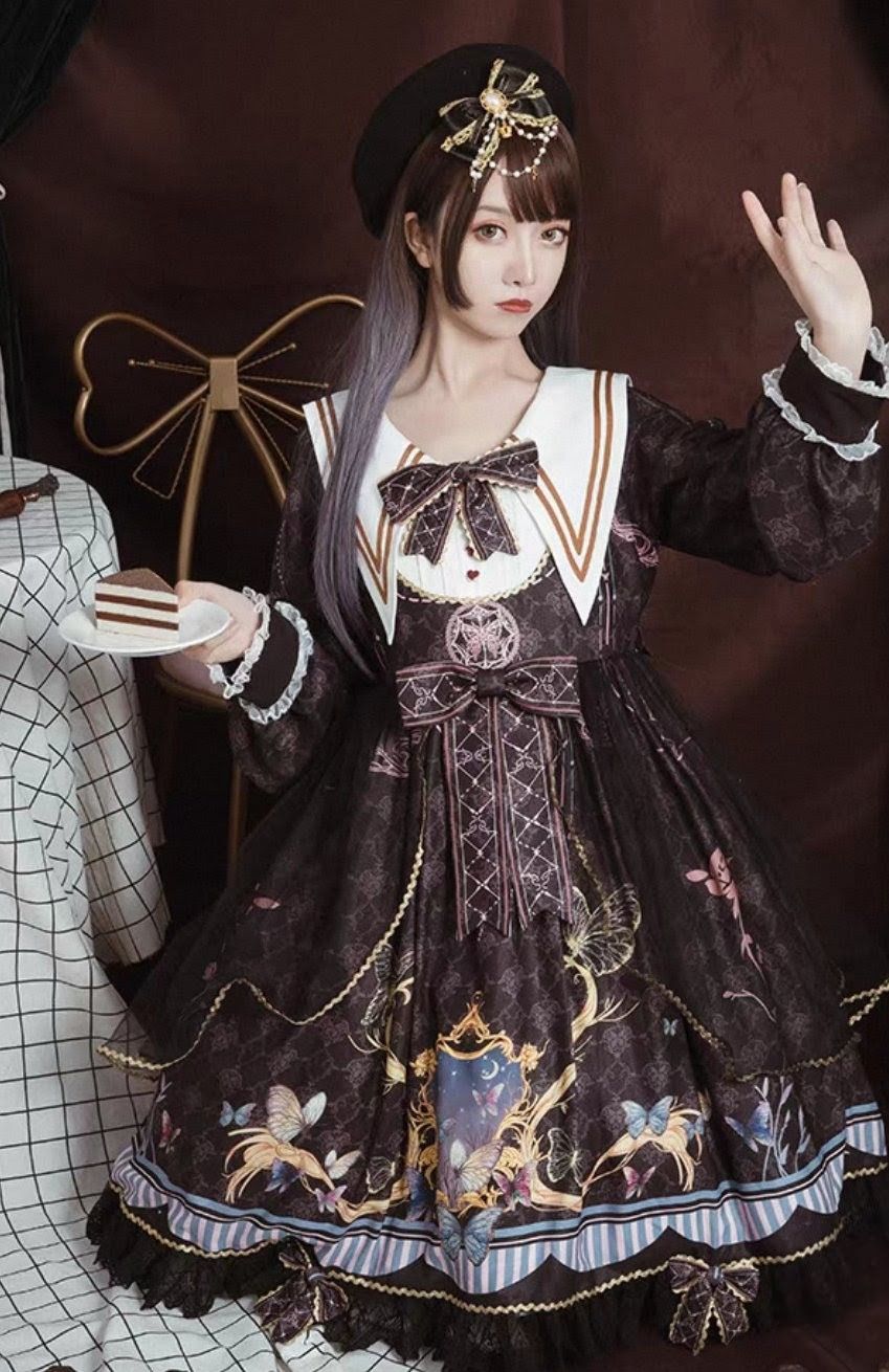 ロリータ クラシカル Lolita ワンピース 蝶柄 リボン OP マリン風 セーラーカラー 紺色 ネイビー 黒 ブラック ロングスリーブ クラシック 宮廷風 プリント ロリィタ ドレス ゆったり 大きめサイズ 界隈