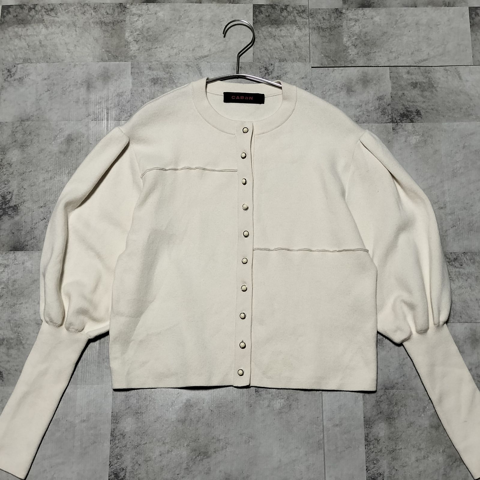 21年FW CABaN × MALION 別注 puffsleeve sweat cardigan コットン カシミヤ カーディガン サイズ アイボリー キャバン パフスリーブ パッチワーク クルーネック