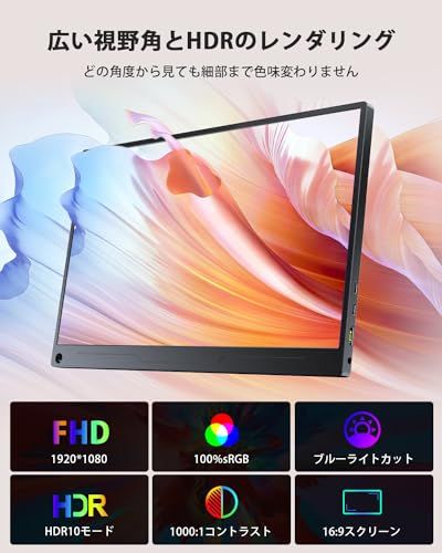 モバイルモニター 15 6インチ モバイルディスプレイ 1920 1080 広色域 HDR ゲーミングモニター ポータブルモニター IPS液晶パネル ブルーカット 薄型 軽量持ち運び ペンホールスタンド VESA 保護カバ