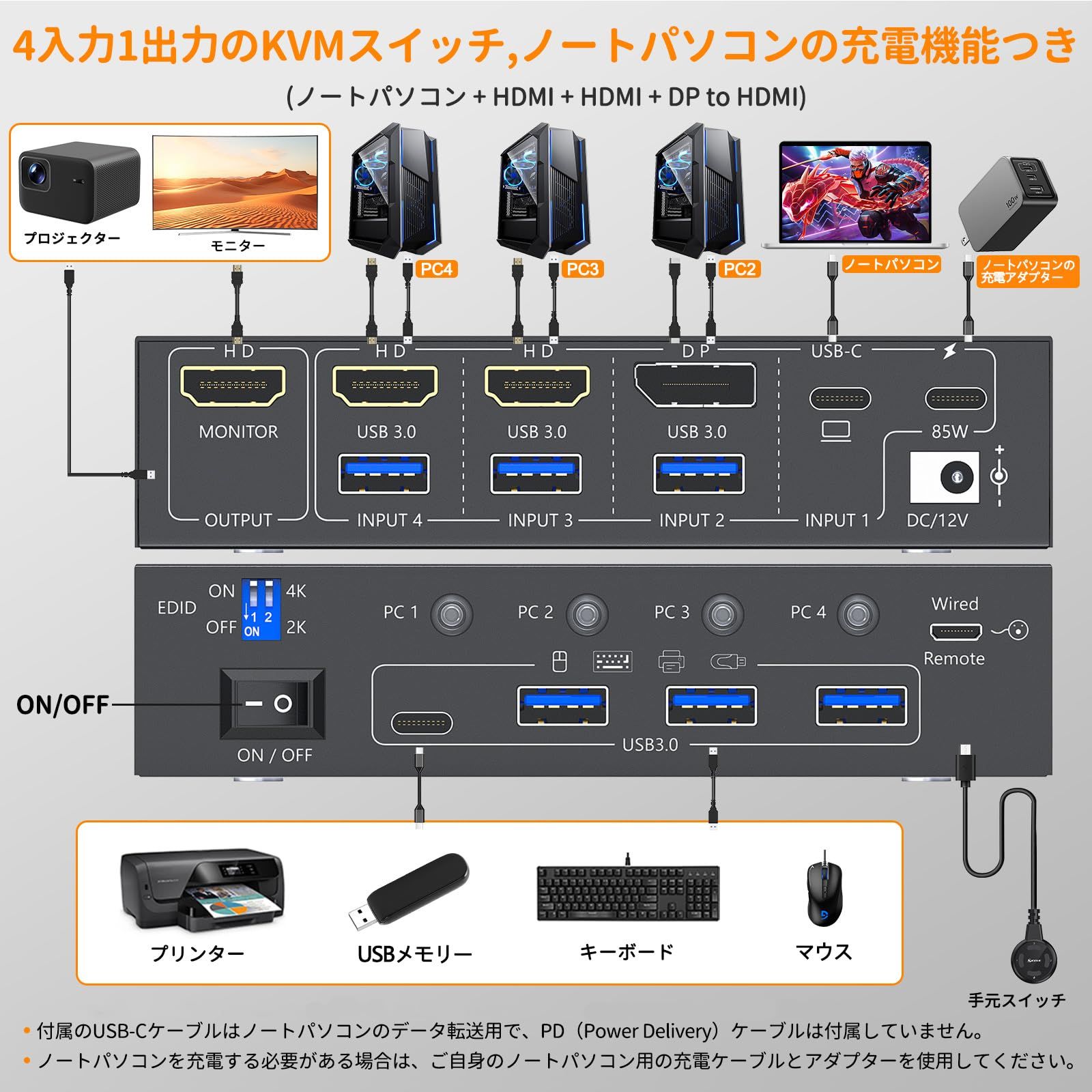 KCEVE 4 K KVMスイッチ EDID機能 4入力1出力 2 HDMI 1 DP Type-C 系統入力 デスクトップPC ノートPC対応 60 Hz KVM 切替器 ノートパソコンPD充電 4台のPCで1台のモニターと1組のキーボードマウスを共