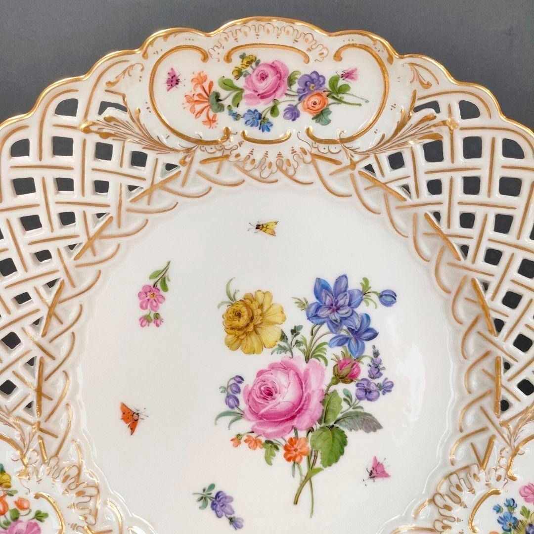 24㎝ マイセン ピアスエッジ ピンクローズ 昆虫 金彩 透かしプレート MEISSEN オープンワーク1級品