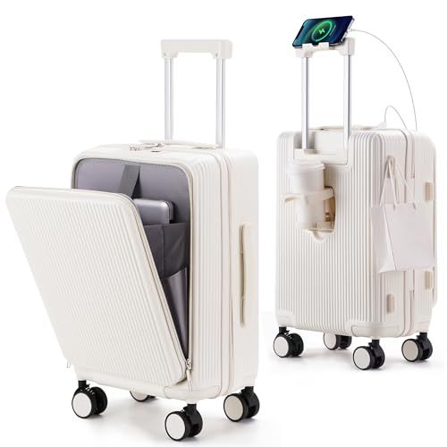 Mularda 前開きキャリーケース スーツケース機内持ち込み 耐衝撃 超軽量 USBポート付き Sサイズ 大容量 1 3泊 旅行 ビジネス 出張 ホワイト