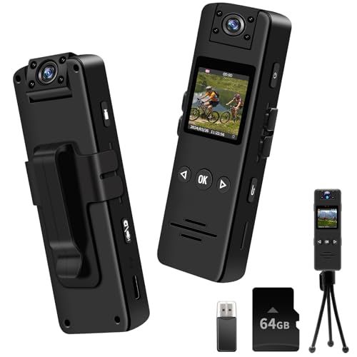 64 G SDカード付属 アクションカメラ小型 ウェアラブルカメラ小型 小型ビデオカメラ 1.3インチモニター 1080 P画質 7時間録画 動体検知 暗視機能 9時間録音 180度回転レンズ 512 GB対応 クリップ式|ハンディ|三脚スタンド付属