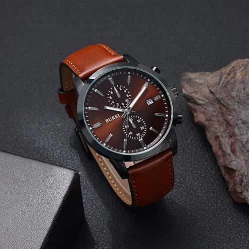 BUREI メンズ腕時計 ブラウン 革ベルト アナログ 日付表示 クオーツ 防水 軽量 うで 時計 シンプル おしゃれ ビジネス カジュアル 高校生 プレゼント ウォッチ ブラック