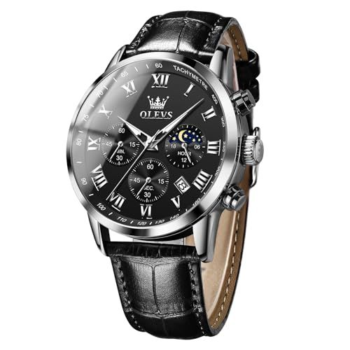 OLEVS 腕時計 メンズ 黒 お洒落 防水夜光時 計 かっこいい ブラック革ベルト アナログクオーツ ビジネスうで時計メンズ ファッションとけい ローマ字文字盤 見やすい ストップウォッチ 日付 Watch for Men カジュアル 軽量