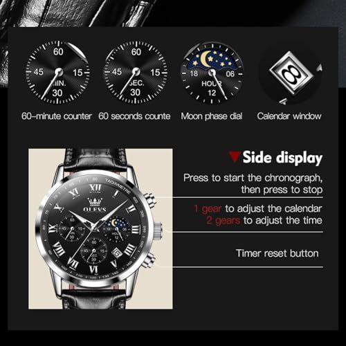  OLEVS 腕時計 メンズ 黒 お洒落 防水夜光時 計 かっこいい ブラック革ベルト アナログクオーツ ビジネスうで時計メンズ ファッションとけい ローマ字文字盤 見やすい ストップウォッチ 日付 Watch for Men カジュアル 軽量 腕時計(クォーツ) 腕時計(アナログ)