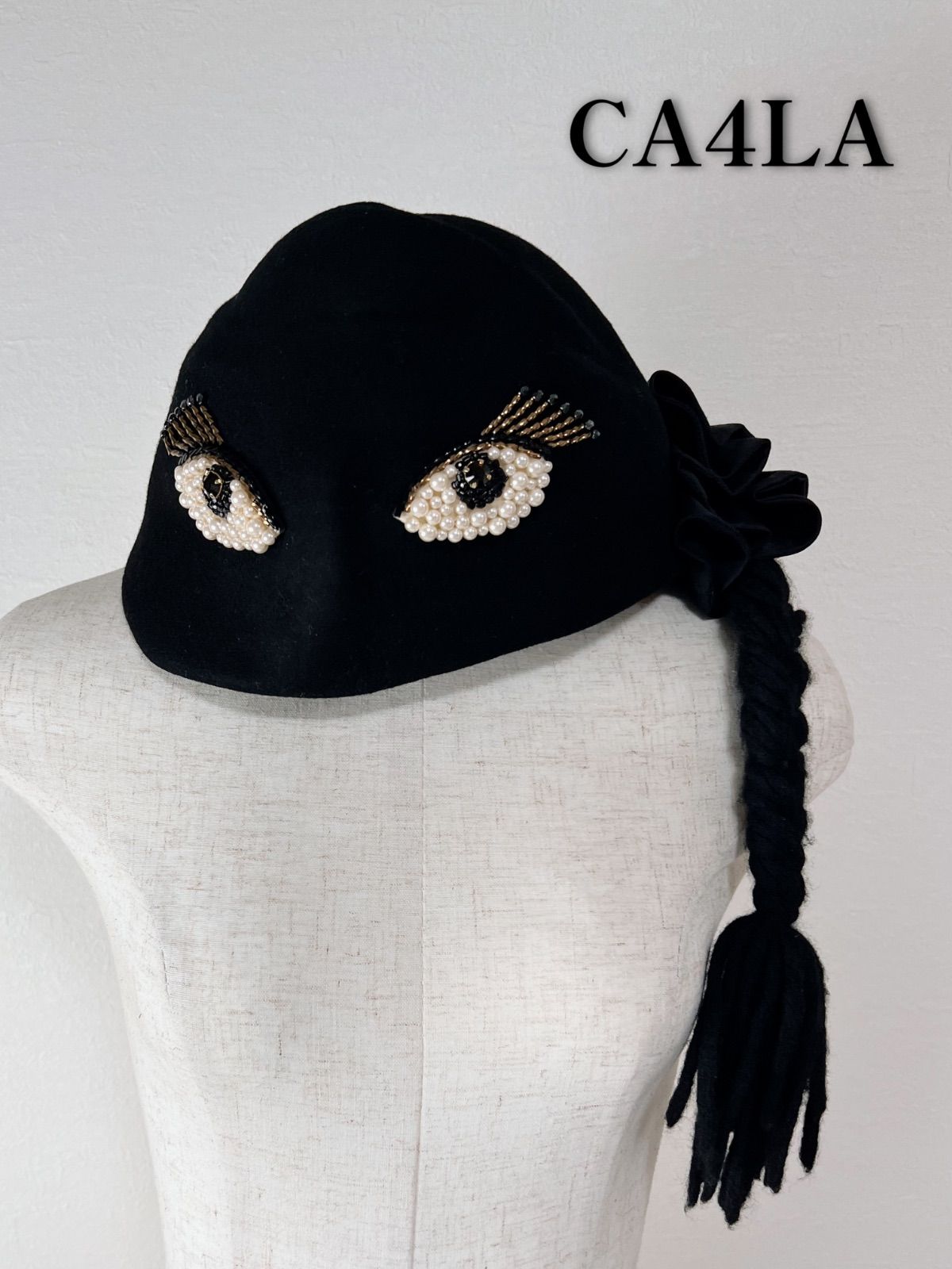 激 CA 4 LA カシラ ネコ 帽子 ハット 黒 ビジュー