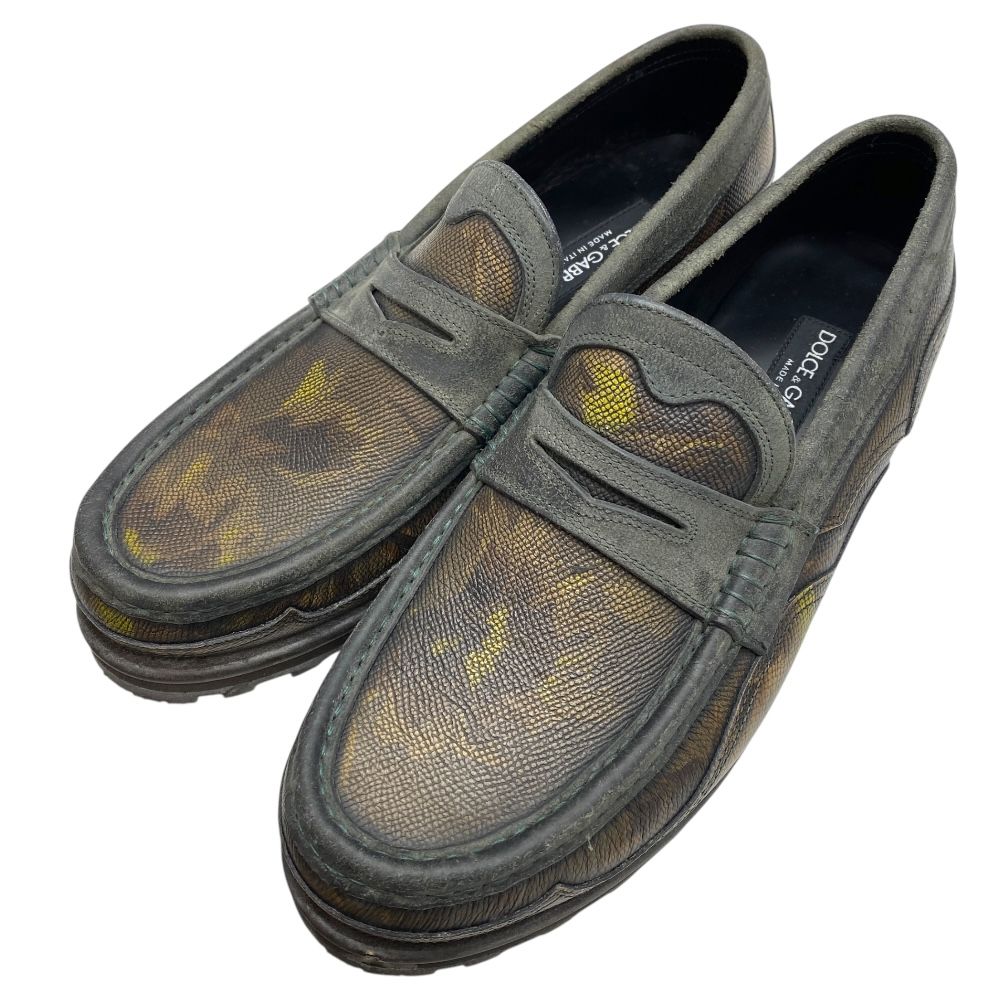ドルチェ-ガッバーナ ローファー モカシン シューズ 総柄 レザー ブラウン系 ドルガバ D-G DOLCE＆GABBANA サイズ7 1|2 約26.5 cm 洗練 上質 感 個性 存在感