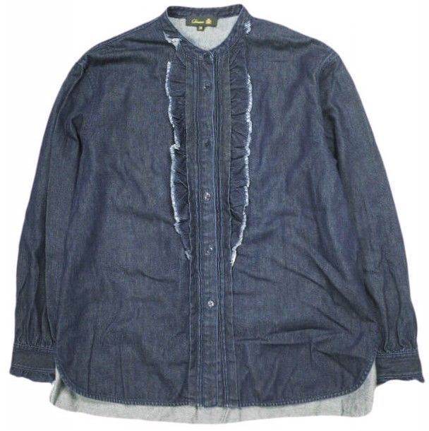 Drawer ドゥロワー 25 SS 日本製 コットン×シルク デニムフリルシャツ 6511-299-0573 36 Indigo 長袖 ノーカラー 定価64 900円 トップス g 23661