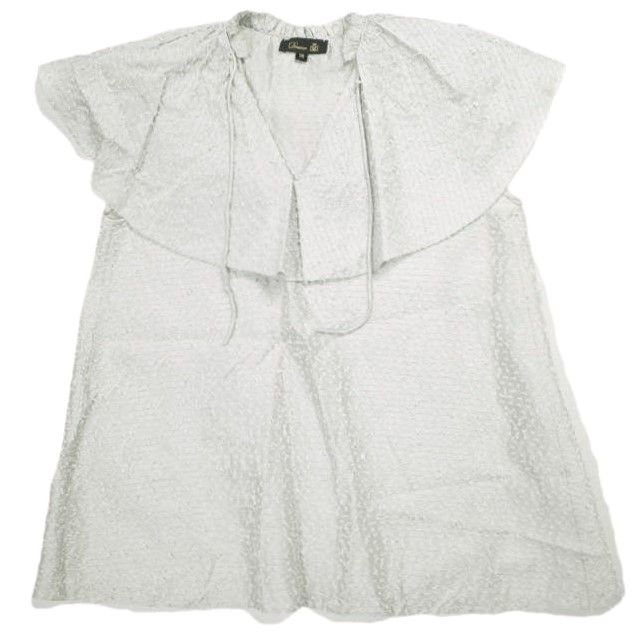 Drawer ドゥロワー 22 AW 日本製 オーガンボーダーラッフルカラーブラウス 6521 299 1017 36 ライトグレー ノースリーブ シルク シャツ 定価79 200円 トップス g 23676