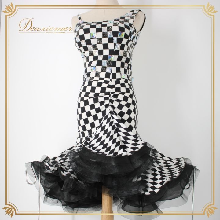 社交ダンス 衣装 ラテン ドレス ワンピース パーティ衣装 レディース オールシーズン 白 黒 ブラック系 ホワイト系 ラインストーン ビジュー チェッカーパターン フ スカート ドレスアップ カジュアルダンス 感 フェスティバル