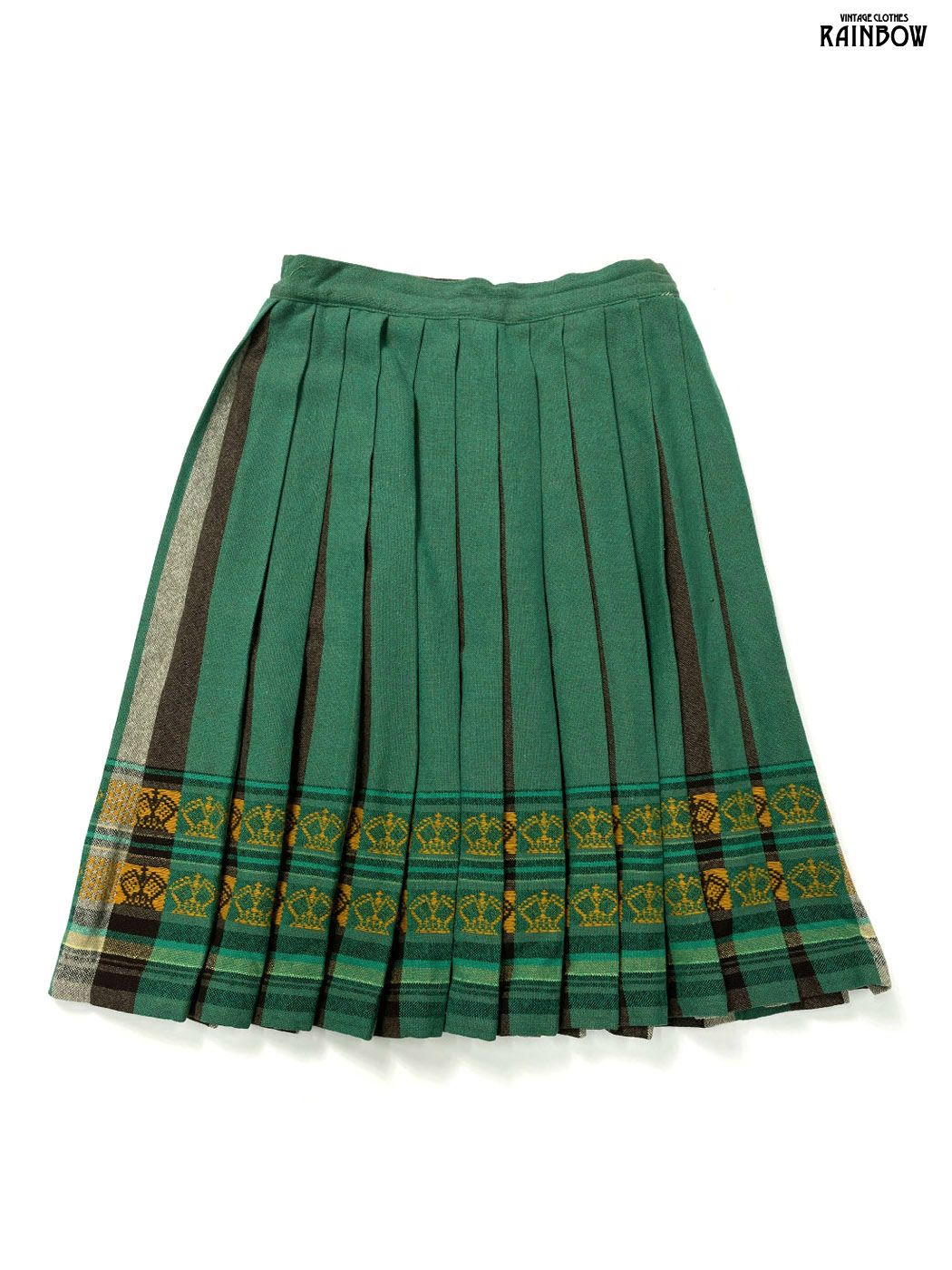 古着 総柄 ウール ミニ丈 プリーツ スカート 緑 btu 2512002