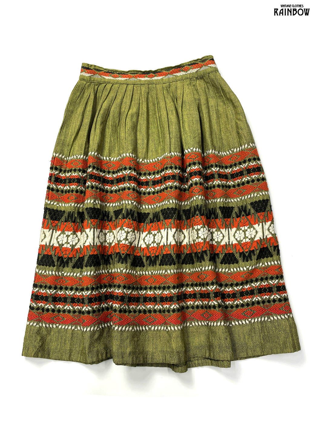 古着 刺繍 総柄 コットン 膝丈 スカート 黄 オレンジ btu 2512010