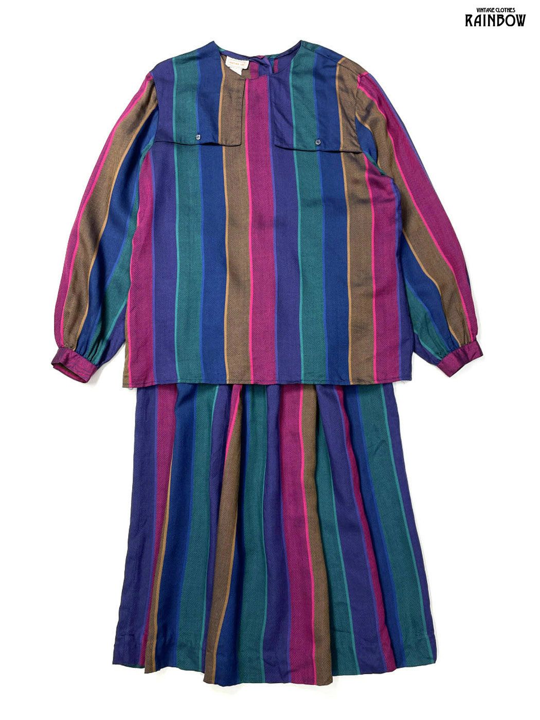 古着 JONES YORK ジョーンズニューヨーク ストライプ柄 ロング丈 長袖 セットアップ 青 紫 otu 2512021