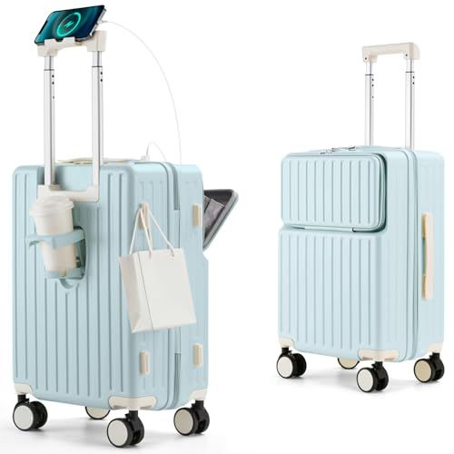 Mularda スーツケース フロントオープン 機内持ち込み 多機能キャリーケース 超軽量 耐衝撃 前開き キャリーバッグ USBポート付き 360度回転 ダブルキャスター 軽量 旅行 ビジネス 出張 ブルー