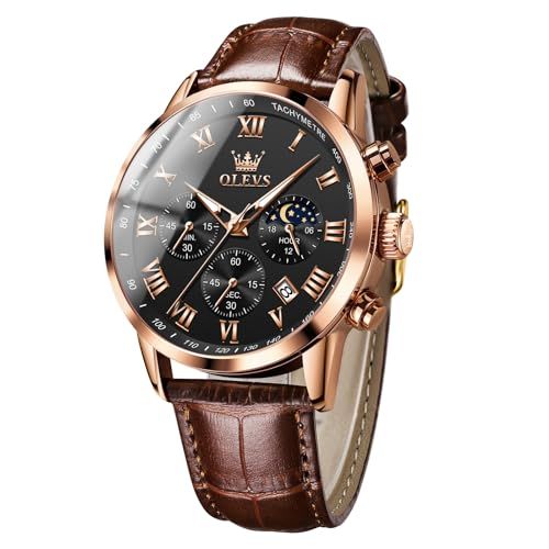 OLEVS 腕時計 メンズ かっこいい お洒落 防水 ブラウン革ベルト Men Watch 腕時 計 日付 ビジネス ローマ字黒文字盤ウォッチ クロノグラフ 見やすい アナログクオーツ ファッション 夜光うで時計 シンプルストップウォ