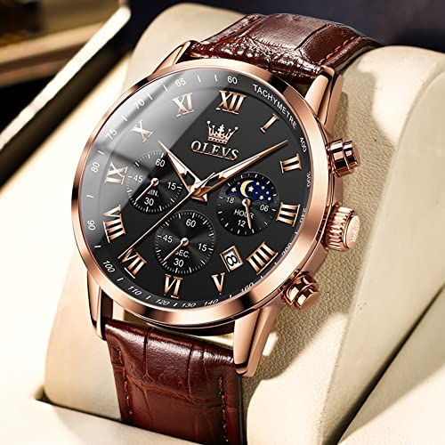 OLEVS 腕時計 メンズ かっこいい お洒落 防水 ブラウン革ベルト Men Watch 腕時 計 日付 ビジネス ローマ字黒文字盤ウォッチ クロノグラフ 見やすい アナログクオーツ ファッション 夜光うで時計 シンプルストップウォ