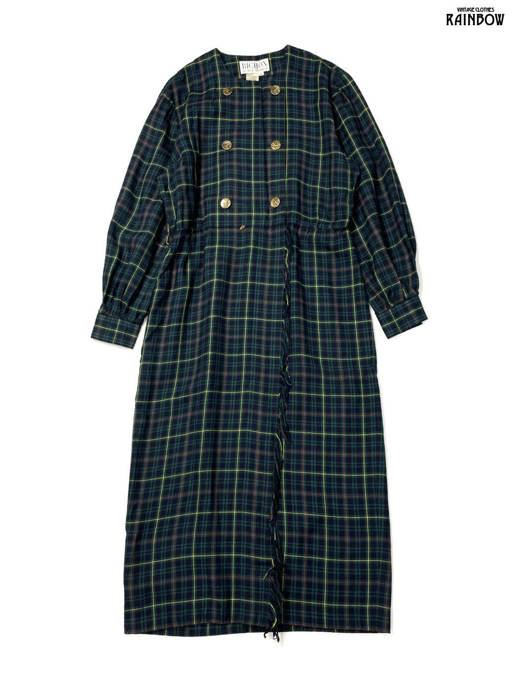 古着 チェック柄 ウール ロング丈 長袖 ワンピース 緑 otu 2512011