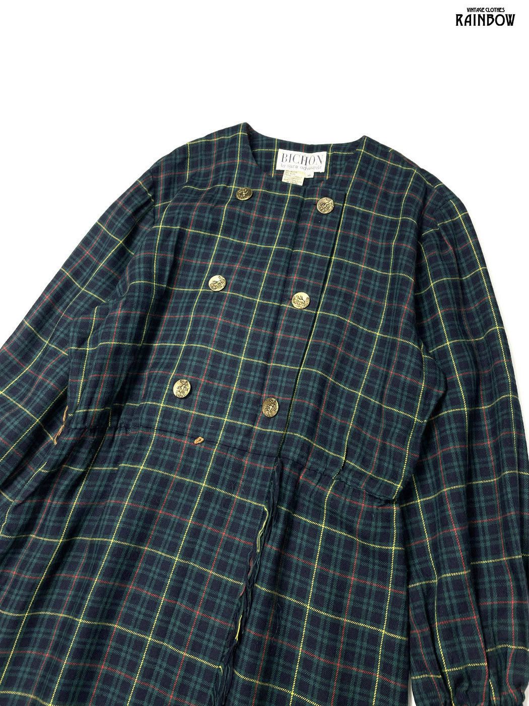 古着 チェック柄 ウール ロング丈 長袖 ワンピース 緑 otu 2512011