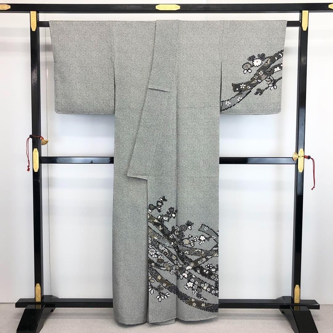  訪問着 束ね熨斗 宝尽くし 花柄 鹿子模様 金彩 黒色 しつけ糸 K-3607 訪問着 付け下げ 着物