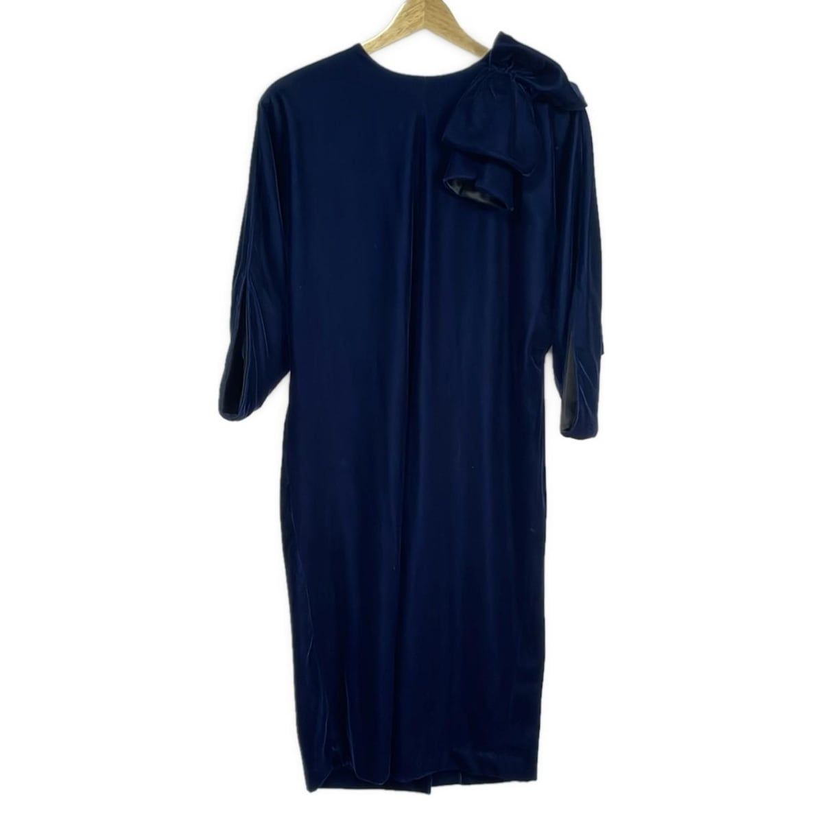 LANVIN ランバンコレクション ワンピース サイズ40 M レディース - ネイビー クルーネック|七分袖|ロング|ベロア|リボン