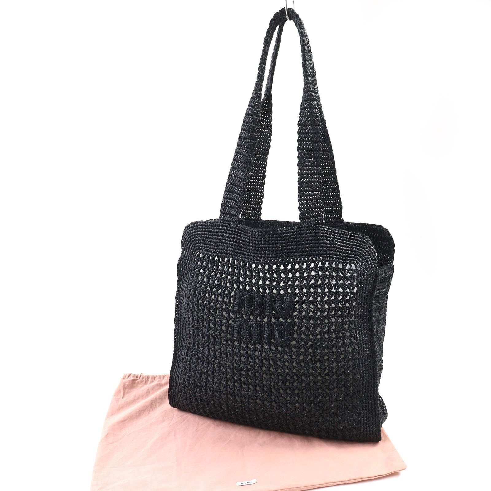 極美品△MIUMIU ミュウミュウ 5BG230 ラフィア ロゴ クロシェ トート