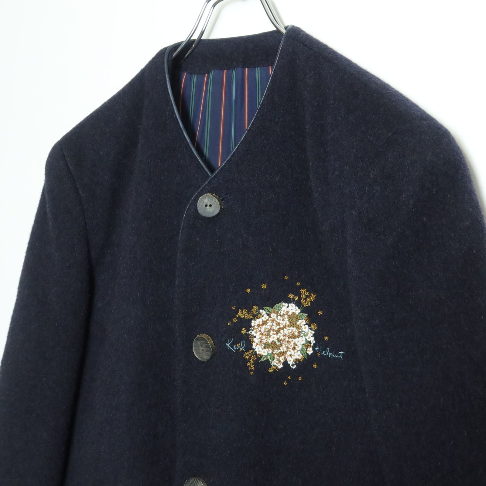 美品】カールヘルム☆お花の刺繍付き♪ノーカラーコート サイズM