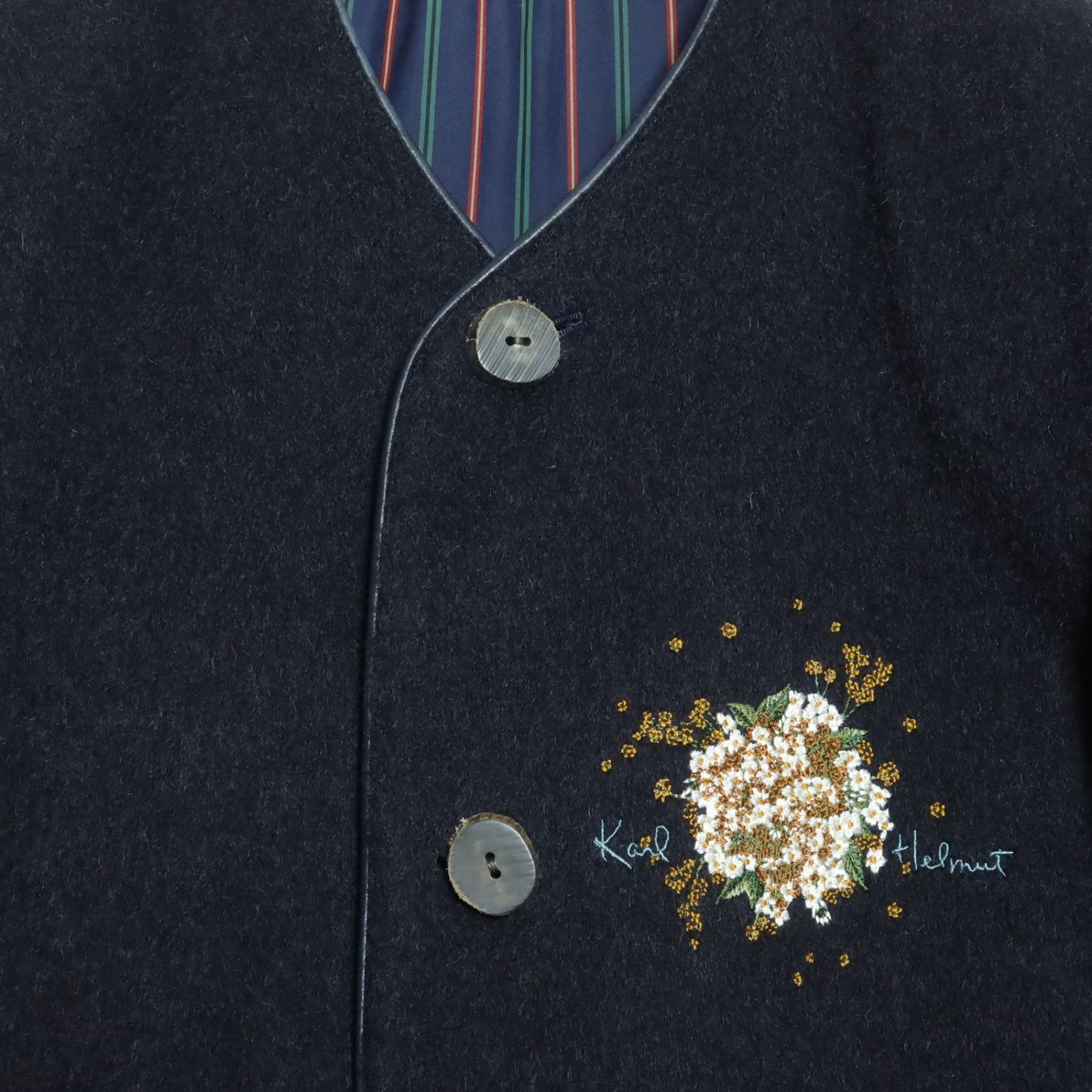 美品】カールヘルム☆お花の刺繍付き♪ノーカラーコート サイズM