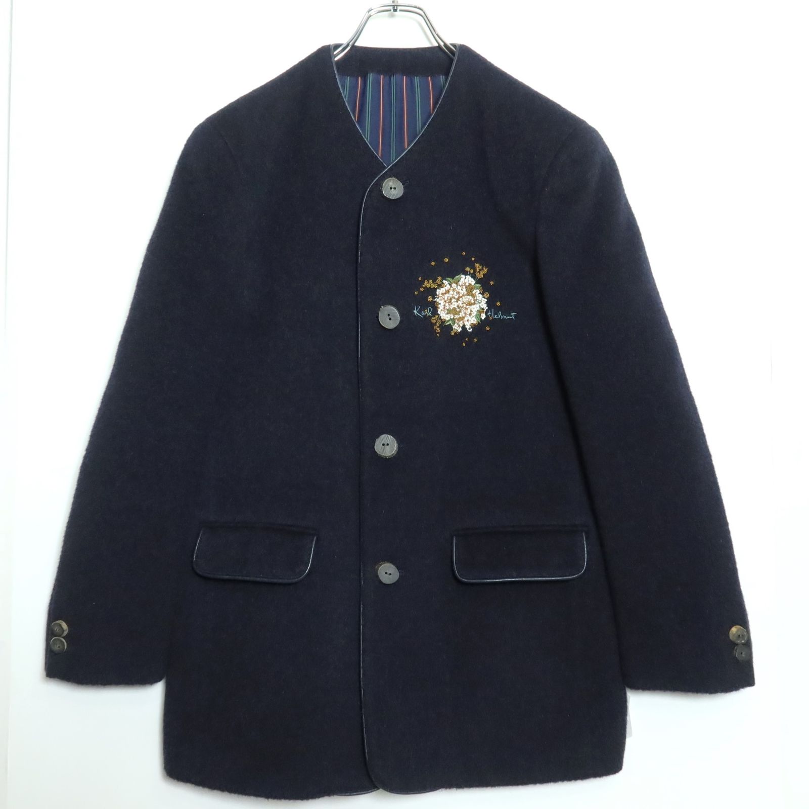 美品】カールヘルム☆お花の刺繍付き♪ノーカラーコート サイズM