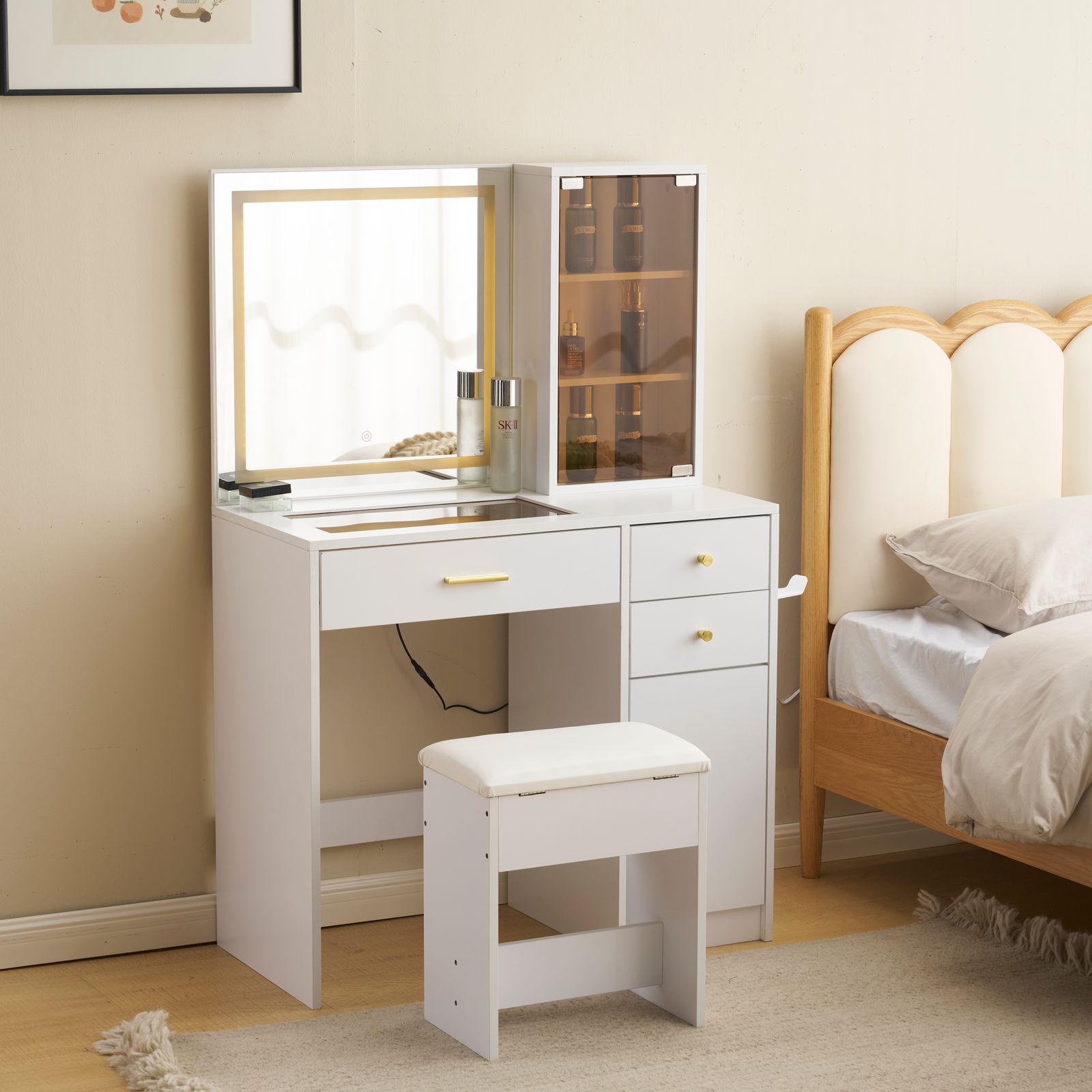 ドレッサー 化粧台 テーブル 鏡台 ライト付き LED ドライヤーホルダー コンセント付き 女優ミラー 引き出し 収納 椅子 セット サイド収納 メイク台 シンプル 大容量 可愛い ホワイト
