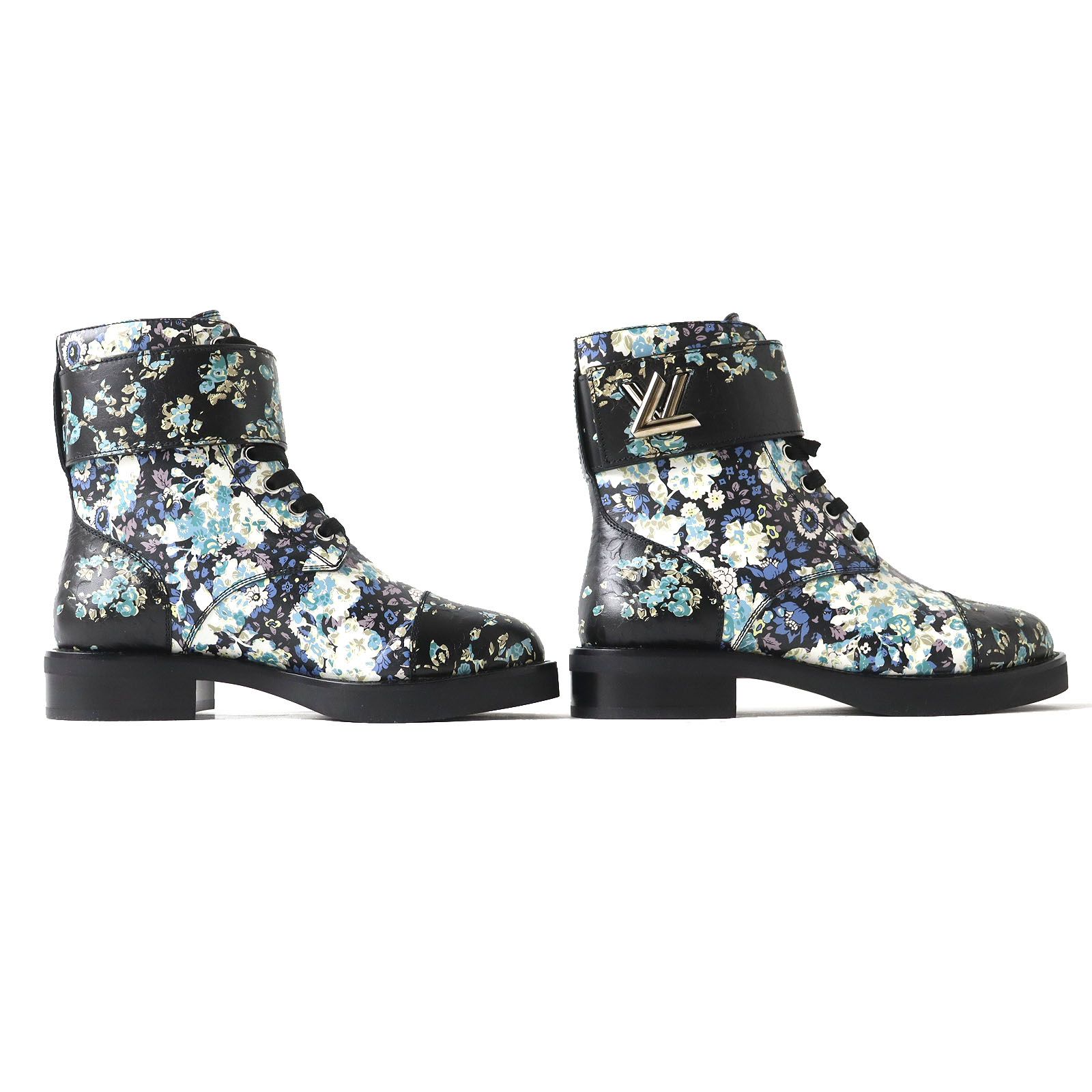 極美品 LOUIS VUITTON ルイヴィトン ワンダーランドライン レザー 花柄 LV金具ベルト付き ショートブーツ ブラック×マルチカラー 35 伊製 極美品 LOUIS VUITTON ルイヴィトン ワンダーランドライン レザー 花柄