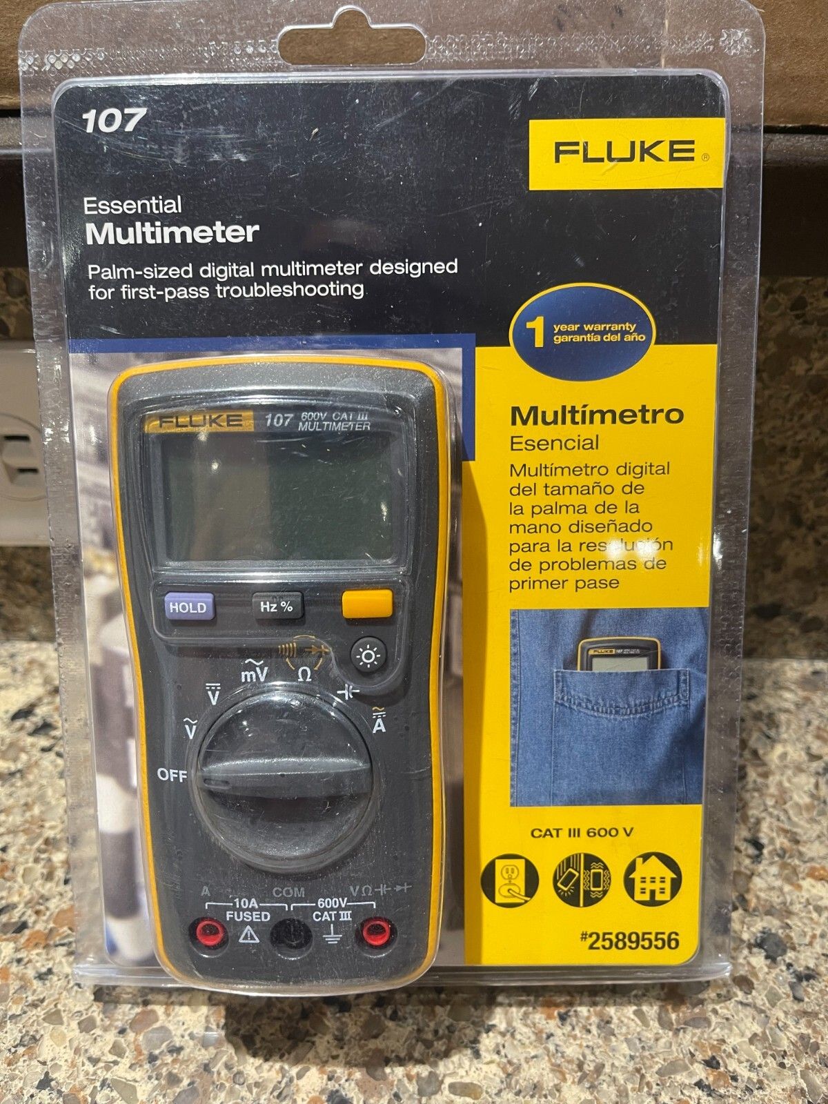 Fluke-107-LW AC|DC 600 V デジタルポケットマルチメーター CAT 3 マグストラップ付き 2589556