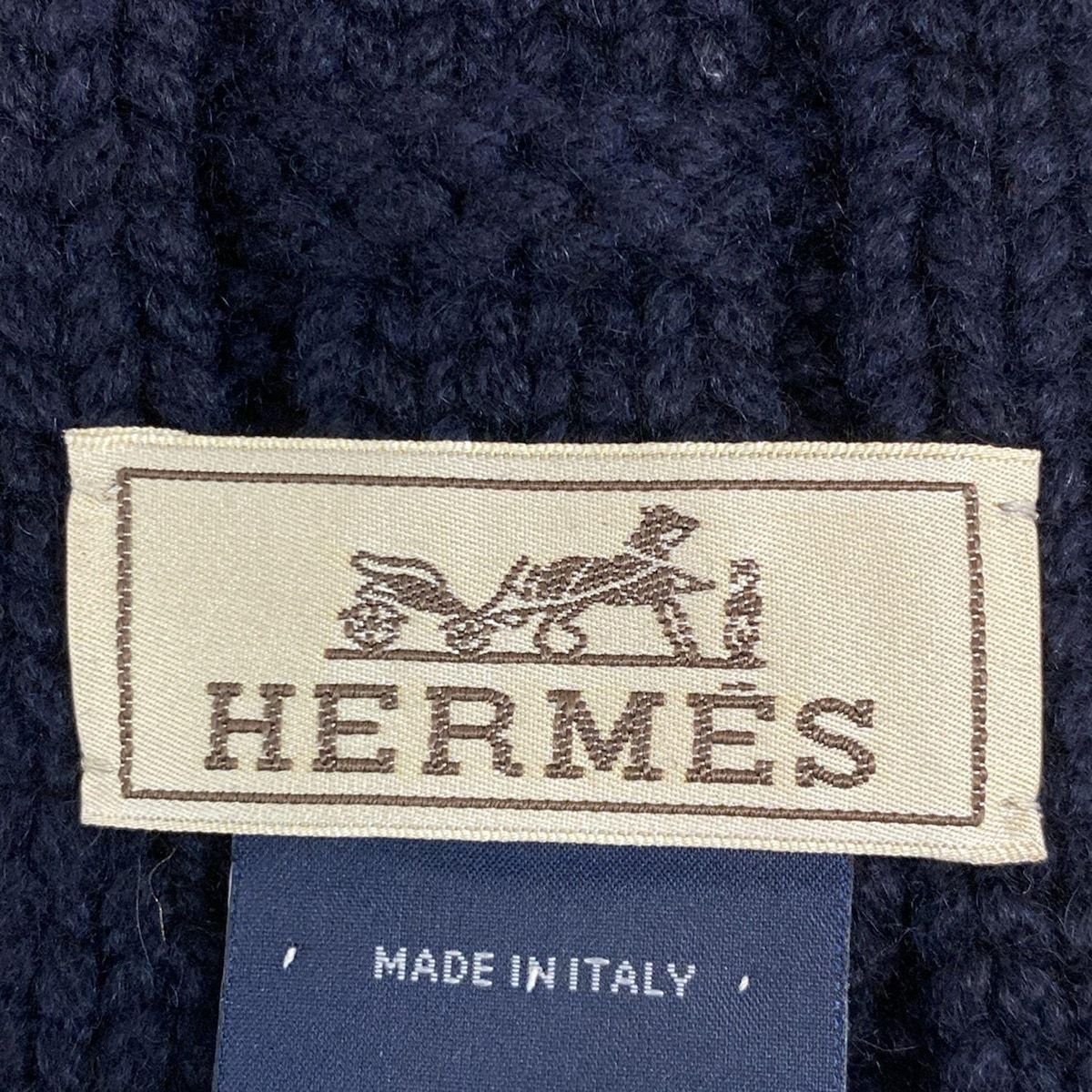 HERMES エルメス マフラー トリマイヨン ダークネイビー×オレンジ×マルチ シェーヌダンクル編み|レザーディテール カシミヤ
