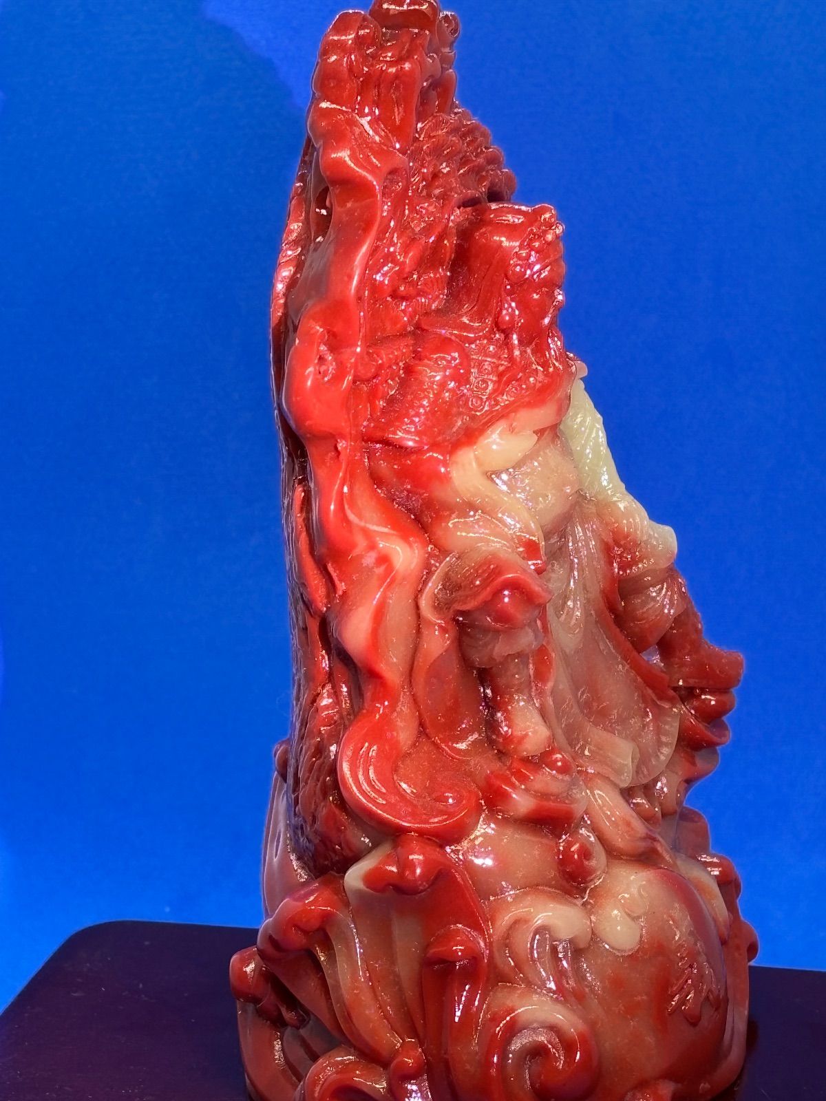 極美品 寿山石荔枝凍 忠義関公精雕置物台座付約15×8×6cm610g 5896