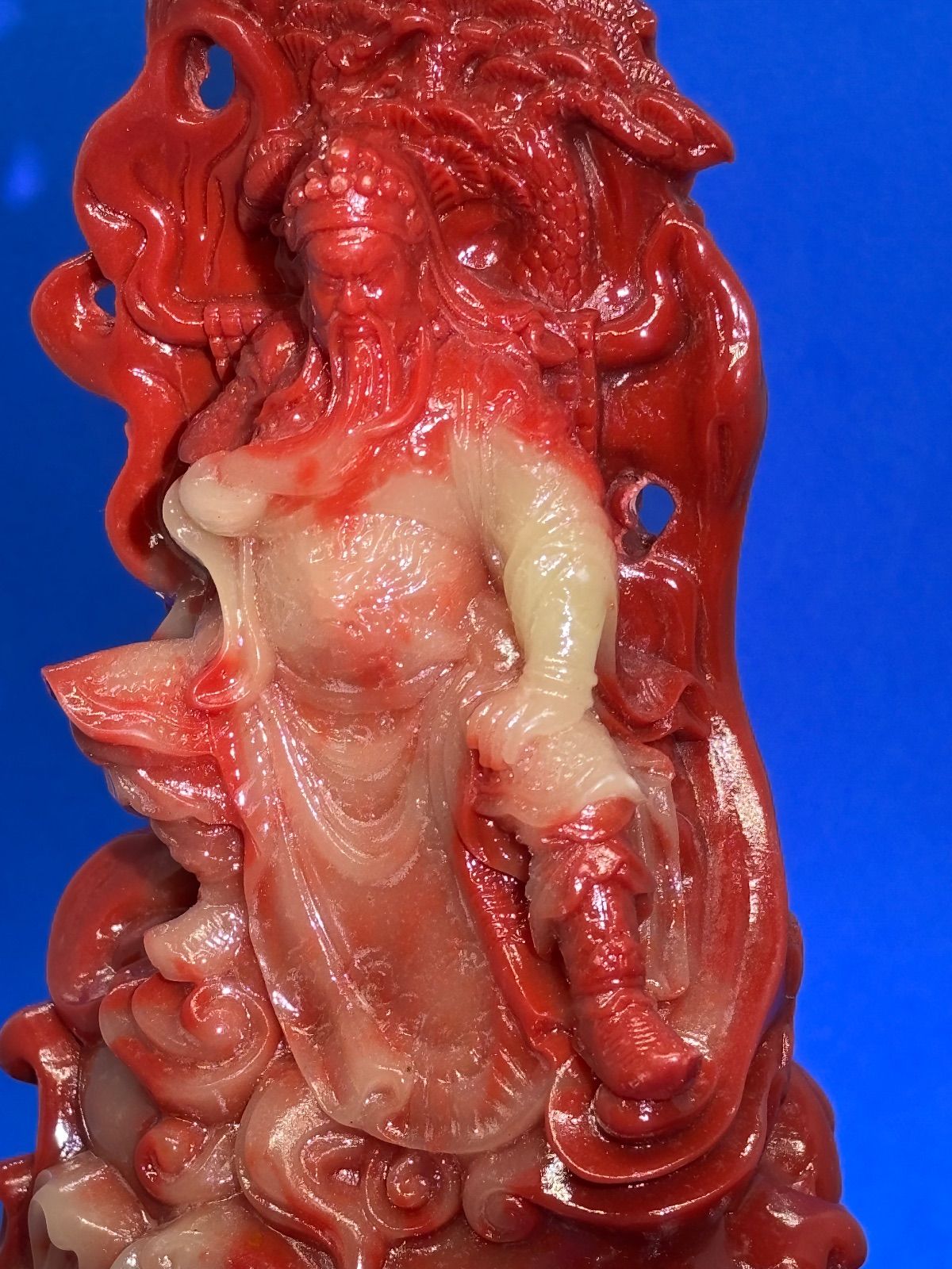 極美品 寿山石荔枝凍 忠義関公精雕置物台座付約15×8×6cm610g 5896