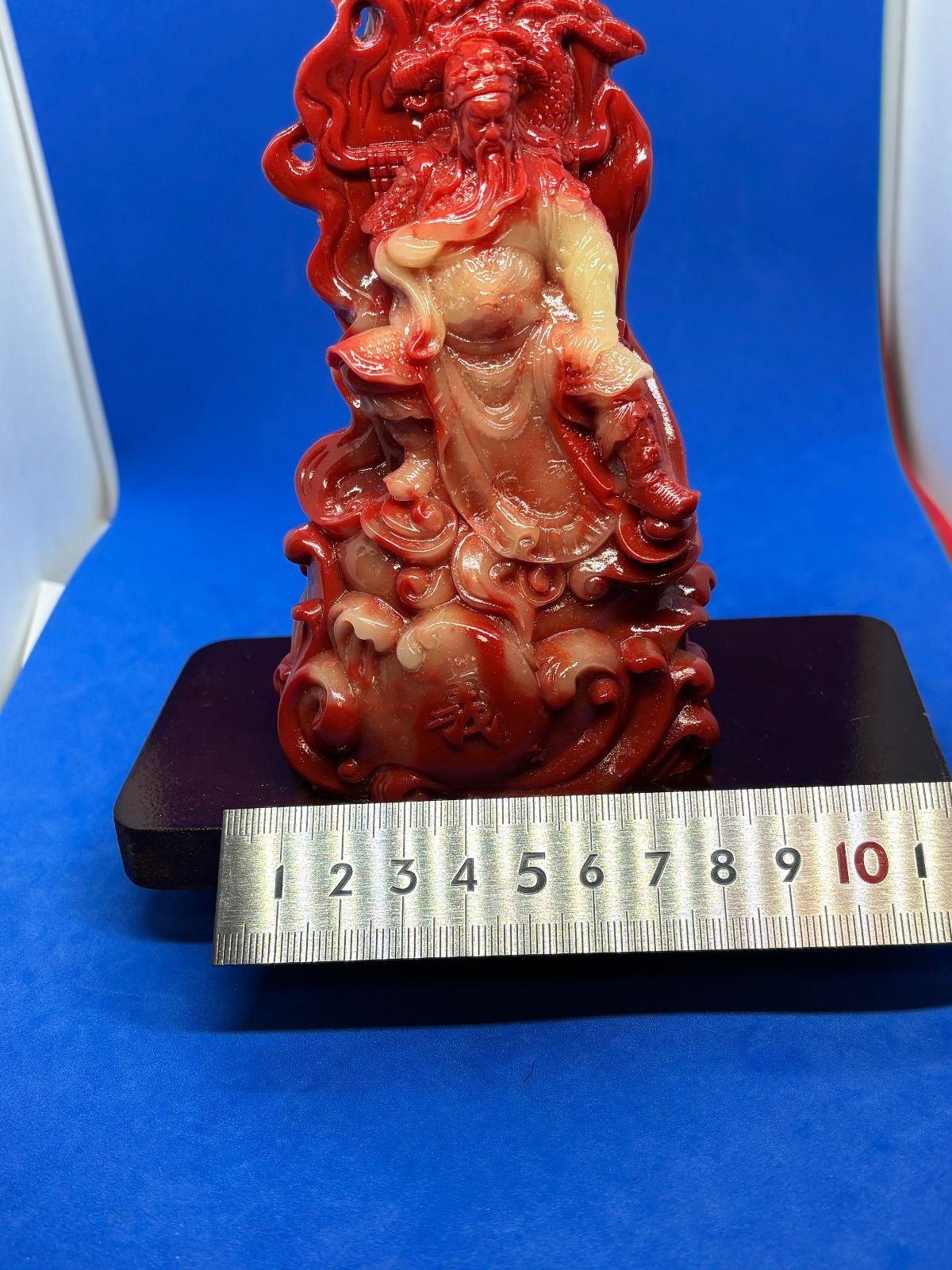 極美品 寿山石荔枝凍 忠義関公精雕置物台座付約15×8×6cm610g 5896