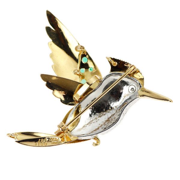 K18YG/ Pt900 エメラルド ダイヤモンド ブローチ 0.67ct D0.015ct 鳥