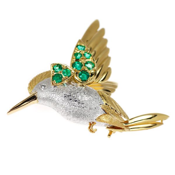 K18YG/ Pt900 エメラルド ダイヤモンド ブローチ 0.67ct D0.015ct 鳥