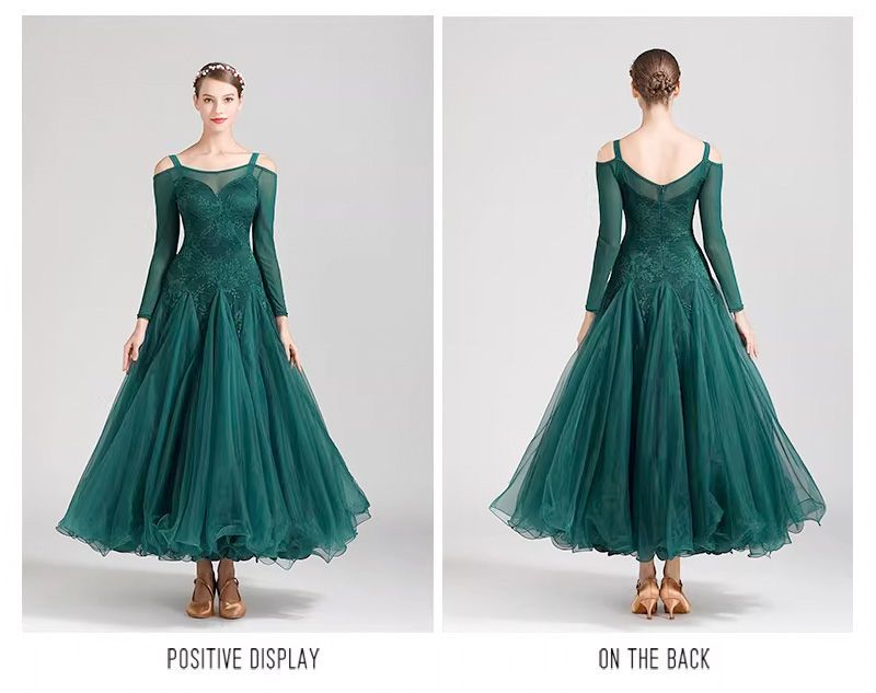 レディース 社交ダンス衣装 モダンドレス レースワンピース キャミソール 長袖 グリーン 上品 華やか キレイ ゴージャス 豪華 大会 競技用 ワルツ ラテンダンス シフォンドレス 大きい裾