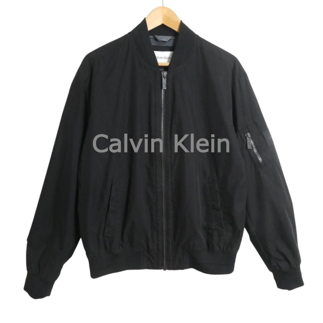 Calvin Klein カルバンクライン サイズS MA-1 ボンバージャケット ブルゾン 袖ロゴ フルジップ 黒 ブラック メンズ