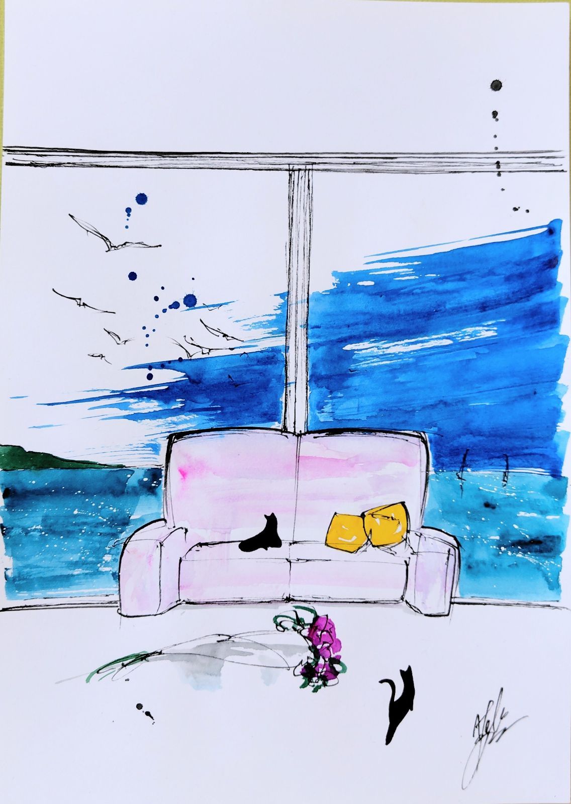 原画#204 黒猫 猫 海 部屋 フランス 水彩画 ドローイング インテリア