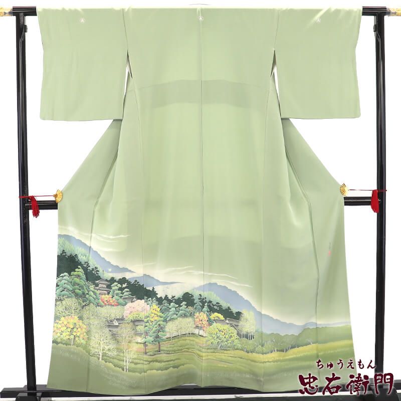 本加賀友禅 色留袖 三つ紋 石田巳代治 袷 レディース 正絹 薄黄緑 風景