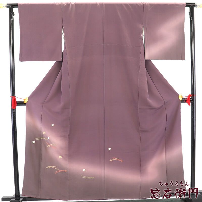 付下げ 袷 レディース 正絹 灰紫 刺繍 千鳥 松葉 身丈163 cm 裄丈68 リメイク向き M～Lサイズ相当