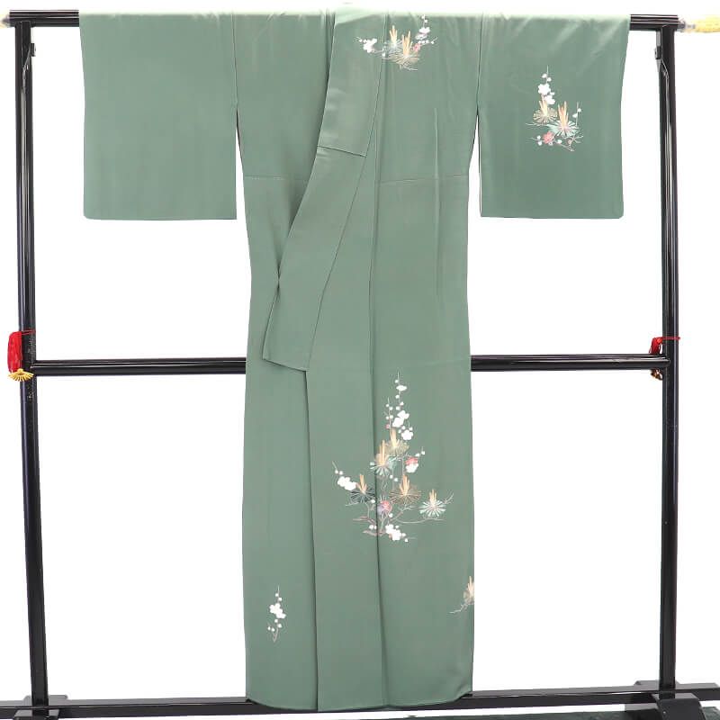 付下げ 一つ紋 落款 袷 レディース 正絹 薄深緑 梅 松 おめでたい柄 五三の桐 身丈157.5 cm 裄丈65 入学式 卒業式 七五三 Mサイズ相当