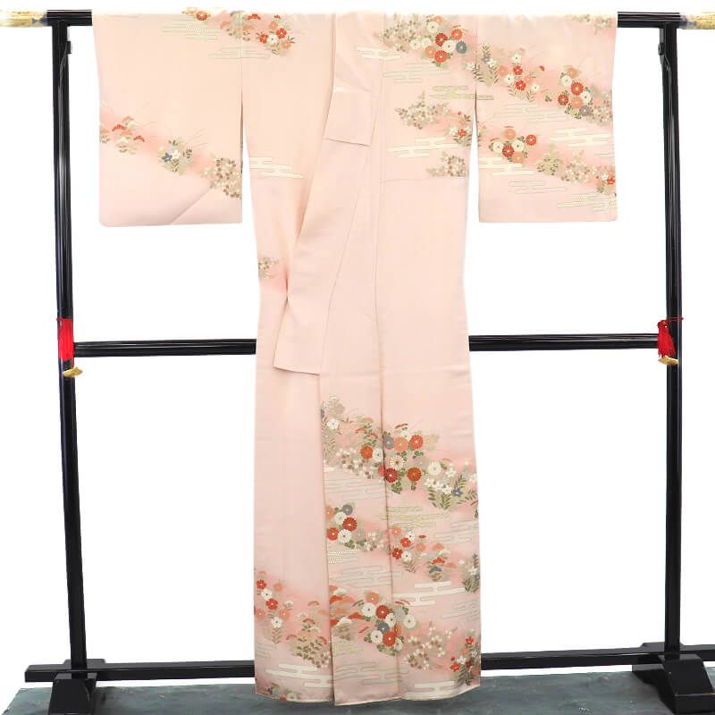 付下げ 一つ紋 丸に中蔭蔦 袷 レディース 正絹 薄桃 四季の花 身丈164 cm 裄丈65 入学式 卒業式 七五三 M～Lサイズ相当