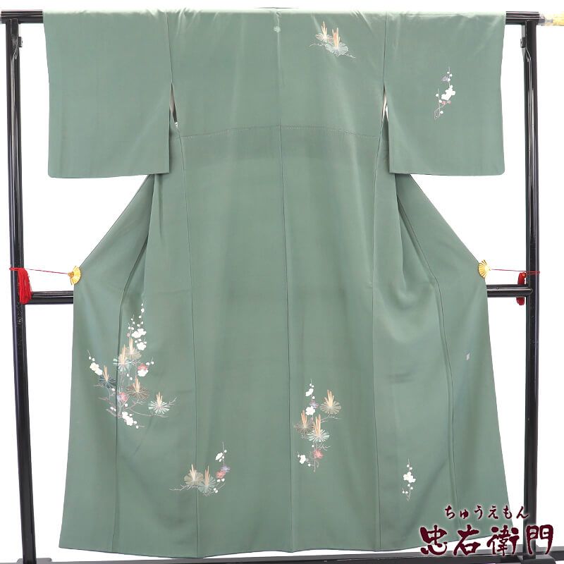 付下げ 一つ紋 落款 袷 レディース 正絹 薄深緑 梅 松 おめでたい柄 五三の桐 身丈157.5 cm 裄丈65 入学式 卒業式 七五三 Mサイズ相当