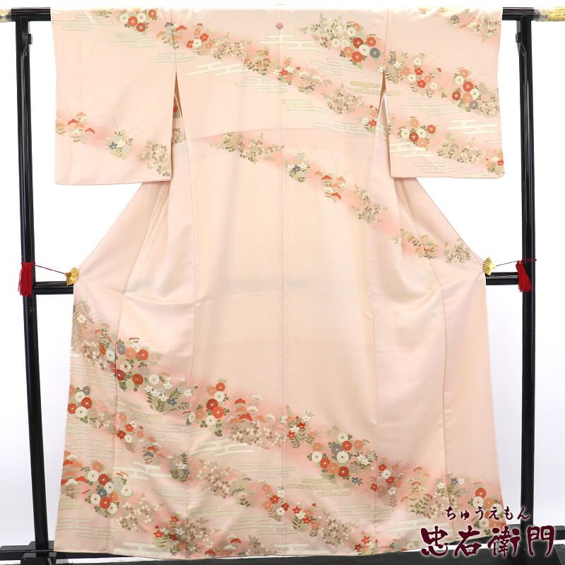 付下げ 一つ紋 丸に中蔭蔦 袷 レディース 正絹 薄桃 四季の花 身丈164 cm 裄丈65 入学式 卒業式 七五三 M～Lサイズ相当