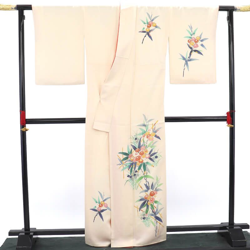 付下げ 袷 レディース 正絹 オフ白 小菊 笹 身丈167 cm 裄丈67 パーティ 観劇 M～Lサイズ相当