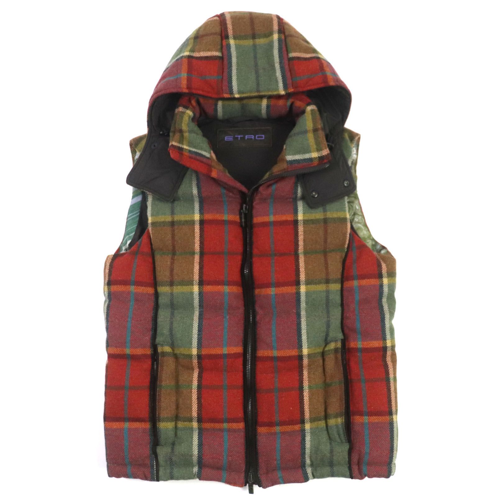 美品▽ETRO エトロ ウール チェック柄 フード付き ロゴ入りボタン 裏地